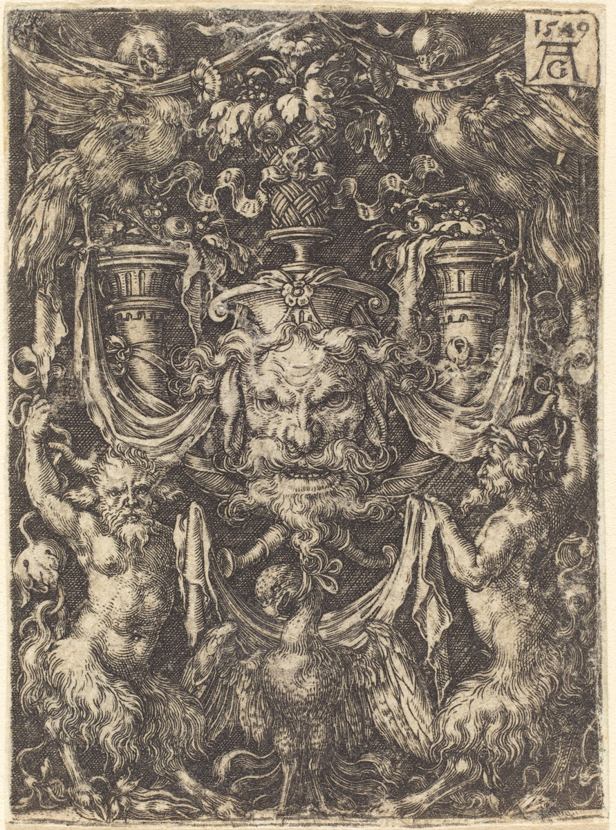 Ornament with Mask, Eagle between Satyrs Below by Heinrich Aldegrever (German, 1502 - 1555/1561), 16X12"(A3)Poster Print
