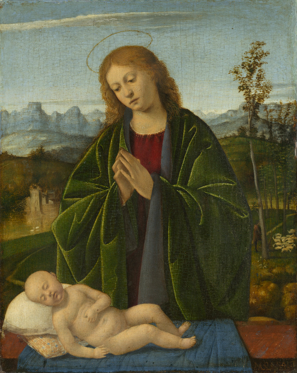 Madonna Adoring the Child by Marco Basaiti (Venetian, active 1496 - 1530), 16X12"(A3)Poster Print