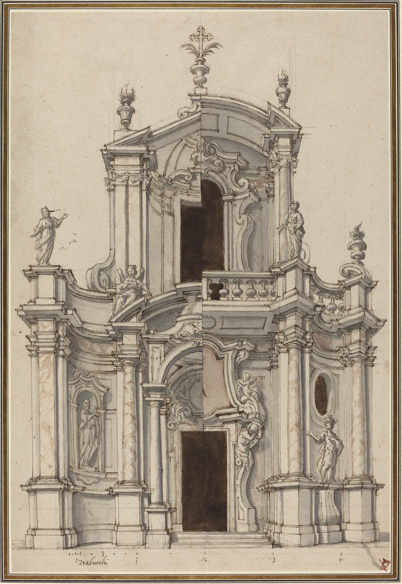 first half 18th century by Piedmontese 18th Century (Elevation for a Church Facade, with Alternatives), 16X12"(A3)Poster Print