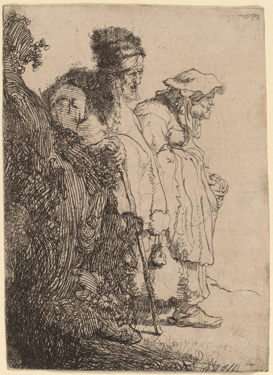 Beggar Man and Woman behind a Bank by Rembrandt van Rijn (Dutch, 1606 - 1669), 16X12"(A3)Poster Print
