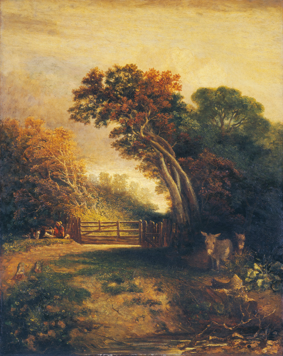 Landscape with Picnickers and Donkeys by a Gate by Attributed to Joseph Paul (British, 1804 - 1887), 16X12"(A3)Poster Print