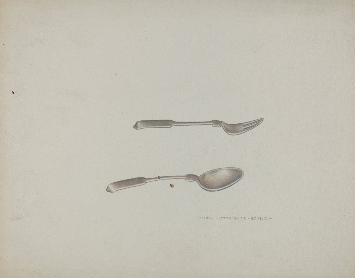 Silver Baby Spoon and Fork by Rose Campbell-Gerke (American, active c. 1935), 16X12"(A3)Poster Print
