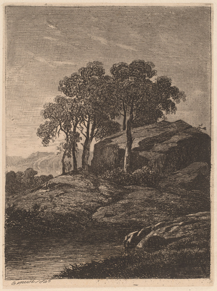 Trees by a Rock by Alexandre Calame (Swiss, 1810 - 1864), 16X12"(A3)Poster Print
