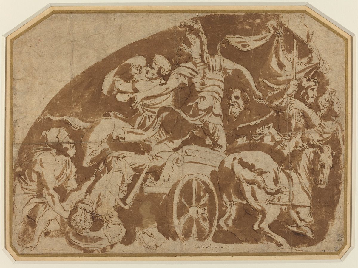 pen and brown ink with brown wash over graphite on laid paper, corners cut by after Giulio Romano (Flight of Meriones, with Dead Coeranos Being Dragged from the Chariot), 16X12"(A3)Poster Print