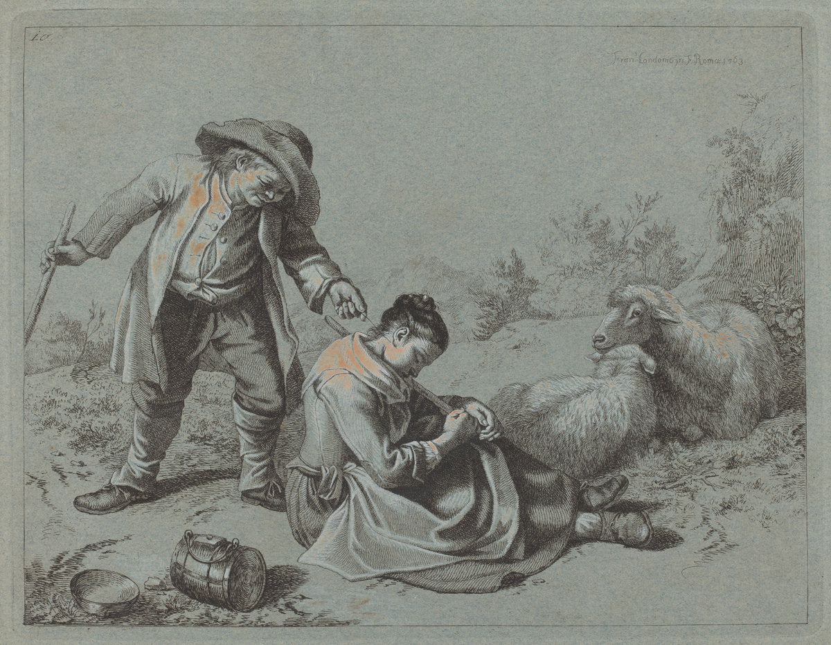 Peasant Teasing a Sleeping Girl with a Twig by Francesco Londonio (Italian, 1723 - 1783), 16X12"(A3)Poster Print