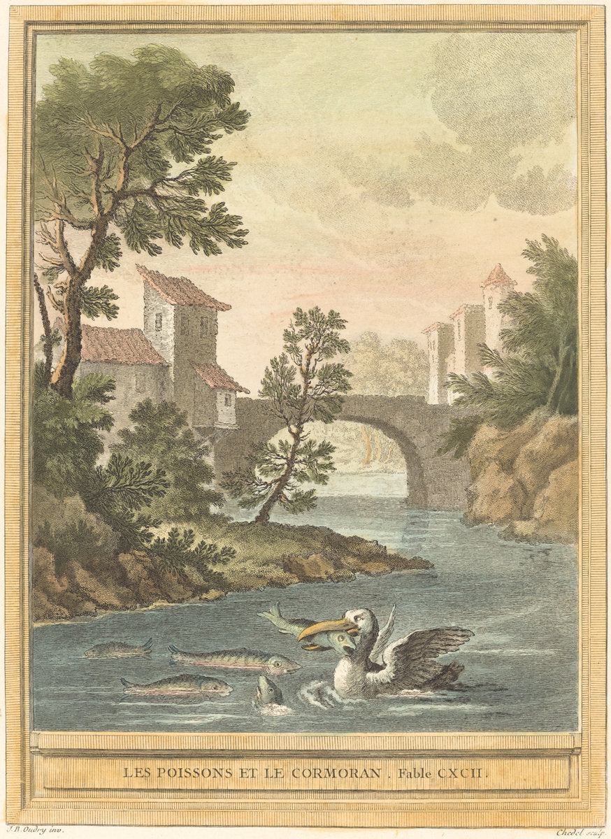 Les poissons et le cormoran (The Fish and theCormorant) by Quentin-Pierre Chedel after Jean-Baptiste Oudry (French, 1705 - 1763), 16X12"(A3)Poster Print