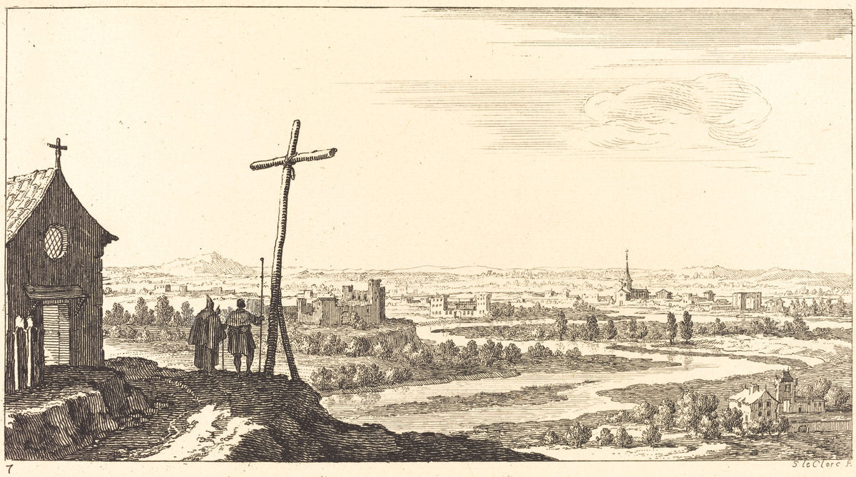 Landscape with Church and Town in Distance by Sébastien Le Clerc I (French, 1637 - 1714), 16X12"(A3)Poster Print