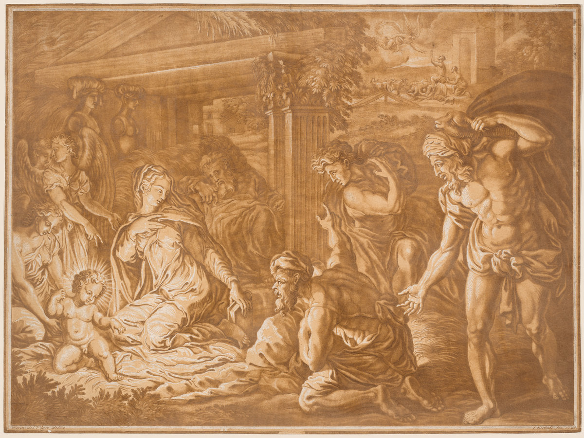 The Adoration of the Shepherds by Elisha Kirkall after Perino del Vaga (English, c. 1682 - 1742), 16X12"(A3)Poster Print