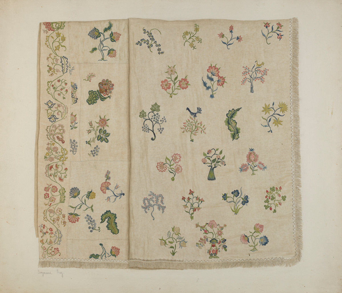 Crewel Embroidered Bedspread by Suzanne Roy (American, active c. 1935), 16X12"(A3)Poster Print