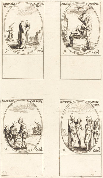 St. Dionysius, Rusticus & Eleutherius; St. Abraham; St. Gereon & Companions; Sts. Pro by Jacques Callot (French, 1592 - 1635), 16X12"(A3)Poster Print