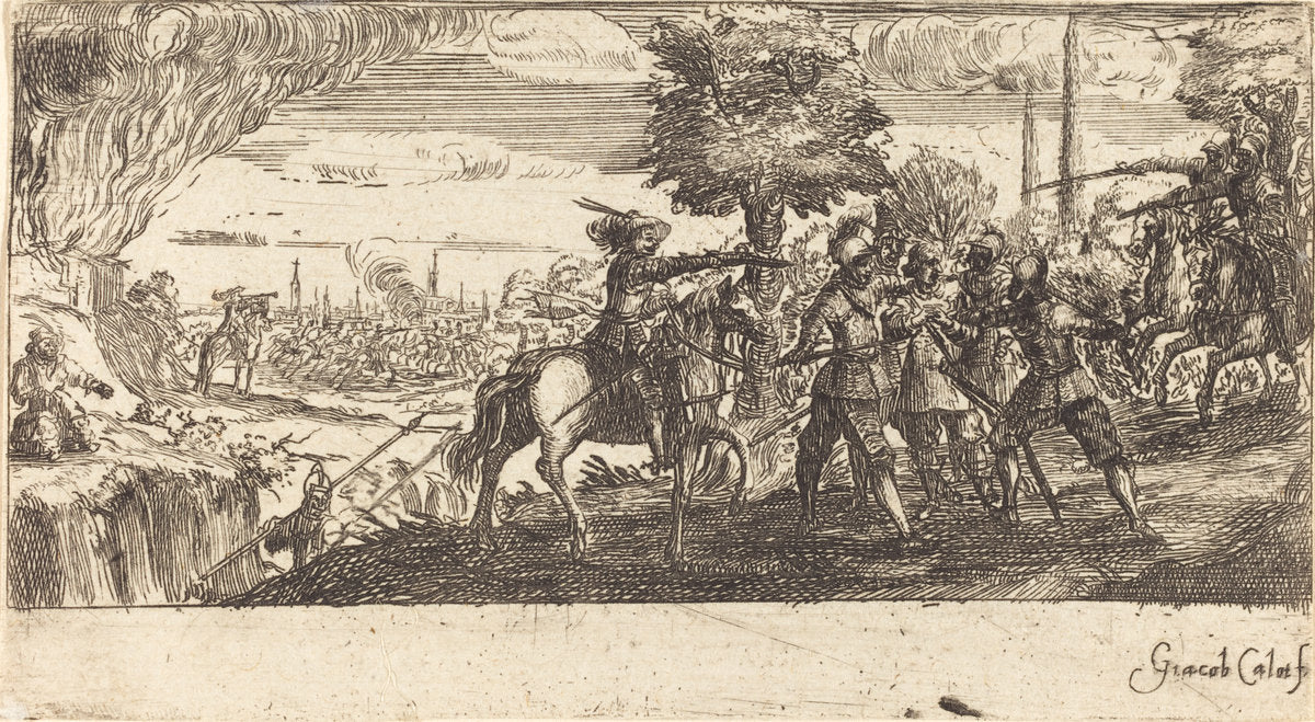 etching by after Jacques Callot (Landscape with Battle Scene), 16X12"(A3)Poster Print