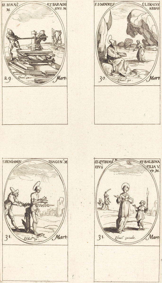 Sts. Jonas & Barachisius; St. John Climacus, Abbot; St. Benjamin; Sts. Quirinus & Bal by Jacques Callot (French, 1592 - 1635), 16X12"(A3)Poster Print