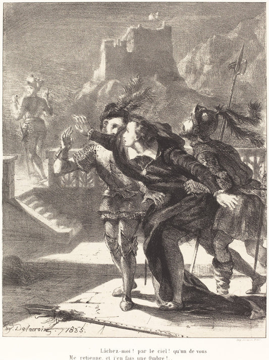 Hamlet Wishes to Follow the Ghost of his Father (Act I, Scene IV) by Eugène Delacroix (French, 1798 - 1863), 16X12"(A3)Poster Print