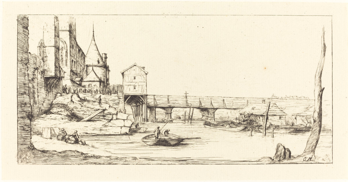 Passerelle du Pont-au-Change, Paris, après l'Incendie de 1621 (Footbridge Temporarily Replacing the Pont-au-Change, Paris, after the Fire of 1621) by Charles Meryon after Stefano Della Bella (French, 1821 - 1868), 16X12"(A3)Poster Print