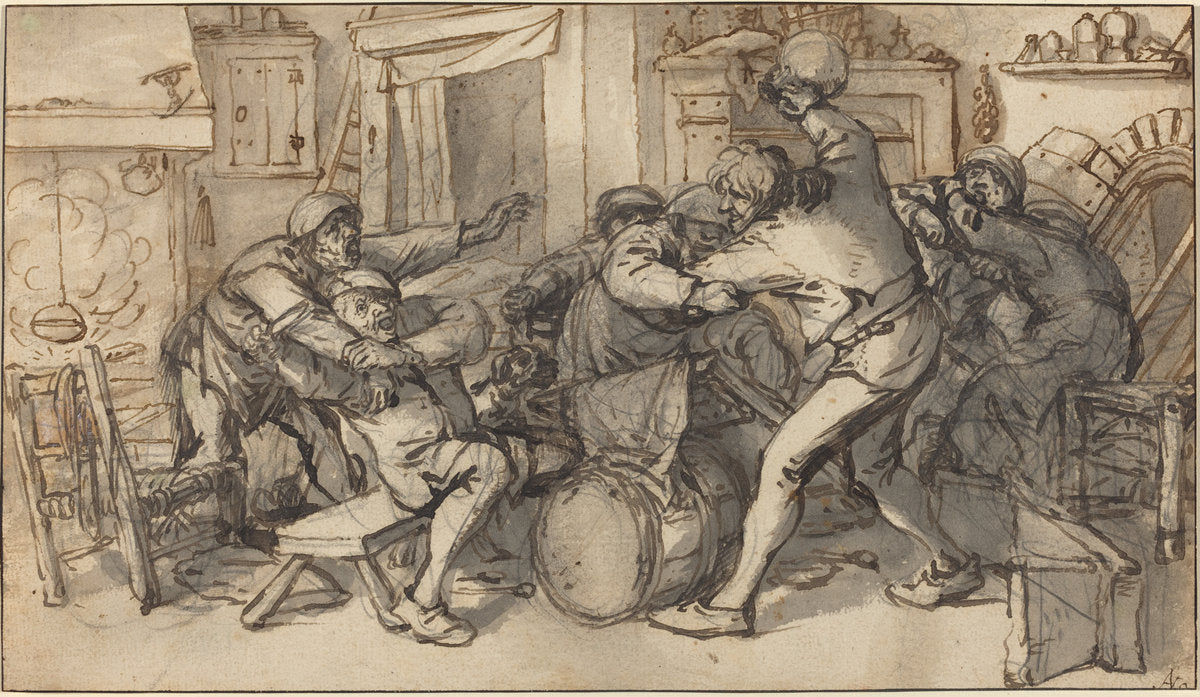 Peasants Fighting in a Tavern by Adriaen van Ostade and Cornelis Dusart (Dutch, 1610 - 1685), 16X12"(A3)Poster Print