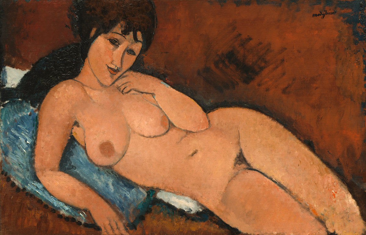 Nude on a Blue Cushion by Amedeo Modigliani (Italian, 1884 - 1920), 16X12"(A3)Poster Print