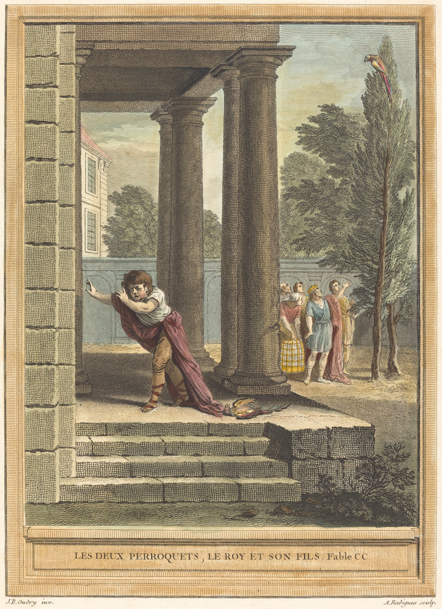 Les deux perroquets, le roi et son fils (Two Parrots, the King, and His Son) by Antoine Radigues after Jean-Baptiste Oudry (French, 1721 - 1809), 16X12"(A3)Poster Print