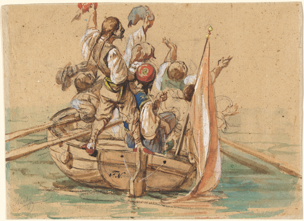 Greek Sailors on a Venetian Canal by Friedrich Nerly (German, 1807 - 1878), 16X12"(A3)Poster Print