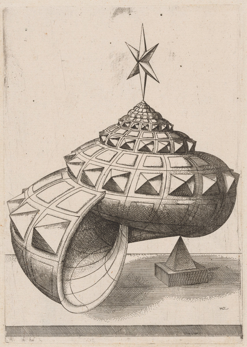 A Perspective of a Faceted Snail Shell Balanced on a Pyramid by Mathis Zündt, after Hans Lencker (German, c. 1498 - 1572), 16X12"(A3)Poster Print