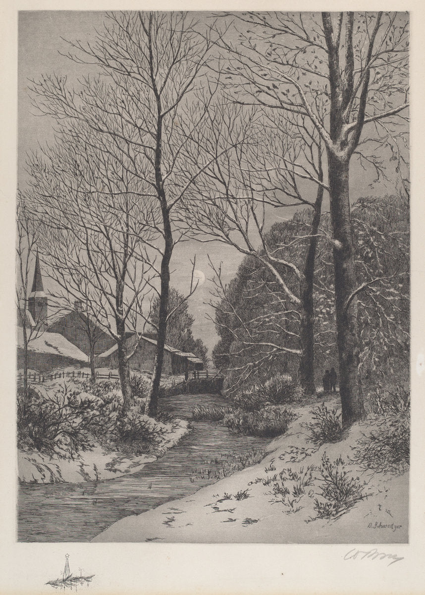 c. 1880s by American 19th Century (Moonlit Stroll in Winter), 16X12"(A3)Poster Print