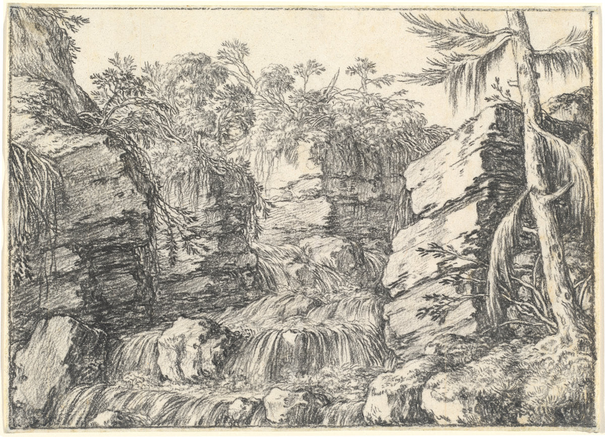 A Waterfall between Rocky Cliffs by Jonas Umbach (German, c. 1624 - 1693), 16X12"(A3)Poster Print