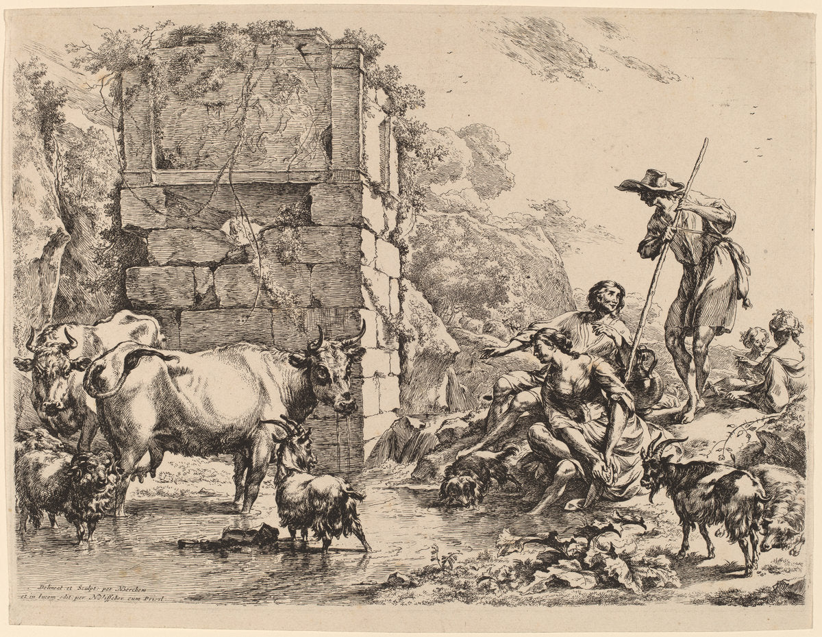 Cow Drinking by Nicolaes Pietersz Berchem (Dutch, 1620 - 1683), 16X12"(A3)Poster Print
