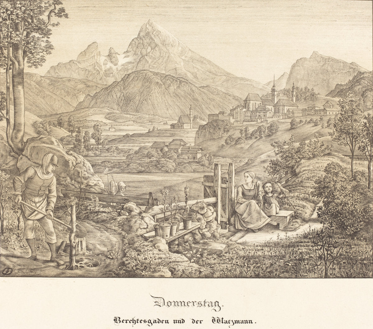 Donnerstag - Berchtesgaden und der Watzmann (Thursday - Berchtesgaden and the Watzmann Mountain) by Ferdinand Olivier (German, 1785 - 1841), 16X12"(A3)Poster Print