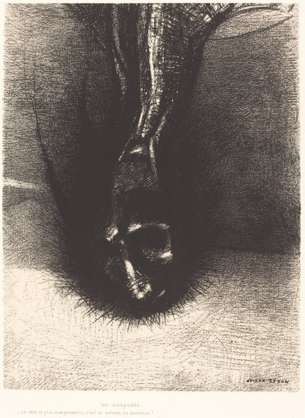 Les Sciapodes: La tete le plus bas possible, c'est le secret du bonheur! (The Skiapods: "The head as low as possible, that is the secret of happiness!") by Odilon Redon (French, 1840 - 1916), 16X12"(A3)Poster Print
