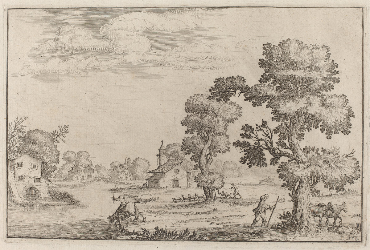 Lakeside Village with Herdsmen by Ercole Bazicaluva (Italian, c. 1610 - 1661 or after), 16X12"(A3)Poster Print