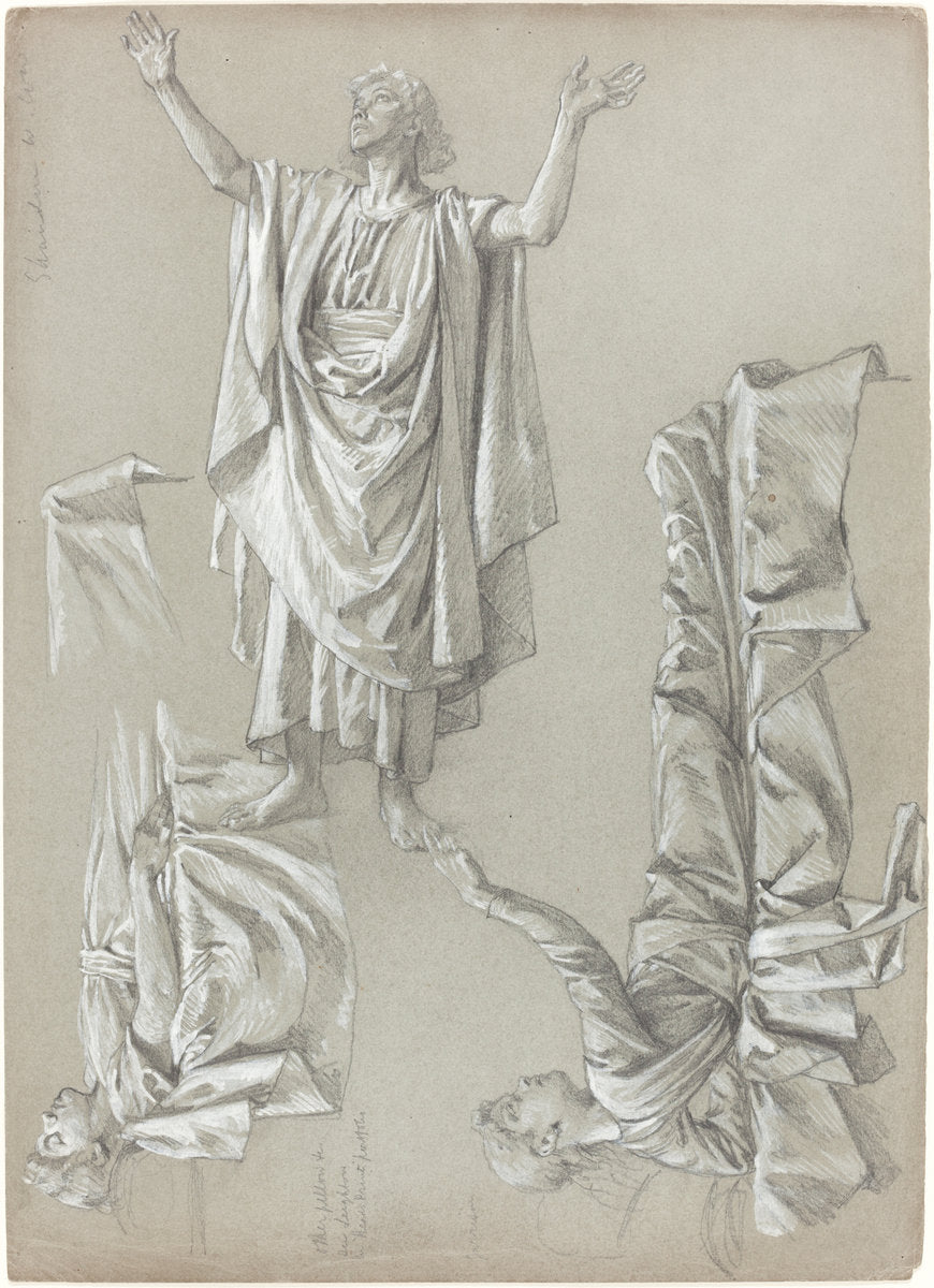 graphite with white wash on gray paper by British 19th Century (Studies for the Raising of the Daughter of Jairus), 16X12"(A3)Poster Print