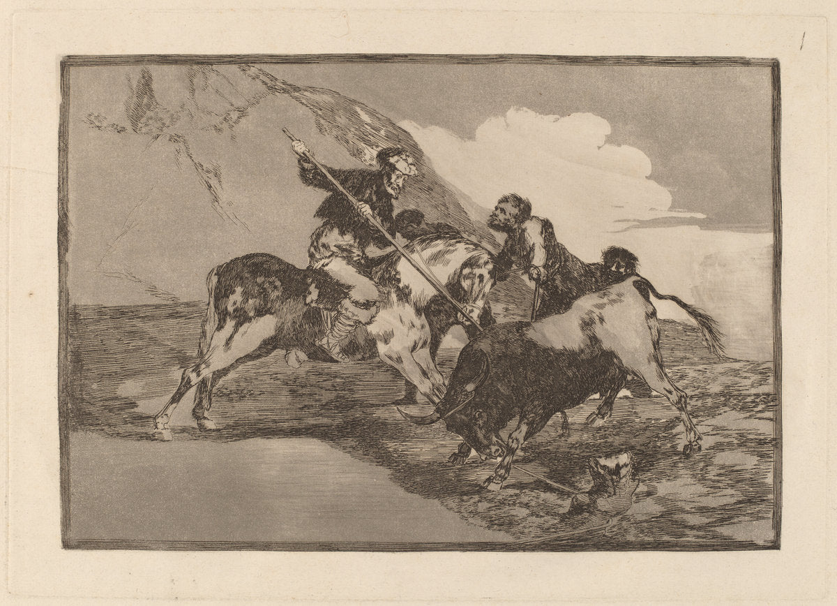 Modo con que los antiguos Espanoles cazaban los toros a caballo en el campo (The Way in which the Ancient Spaniards Hunted Bulls on Horseback in the Open Country) by Francisco de Goya (Spanish, 1746 - 1828), 16X12"(A3)Poster Print