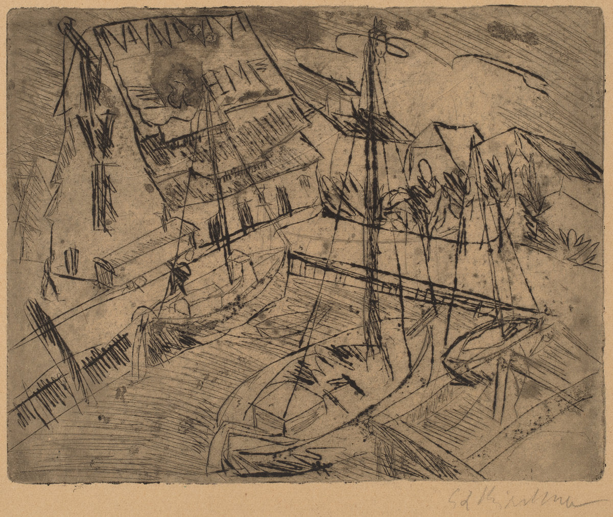 Harbor at Burgstaaken by Ernst Ludwig Kirchner (German, 1880 - 1938), 16X12"(A3)Poster Print