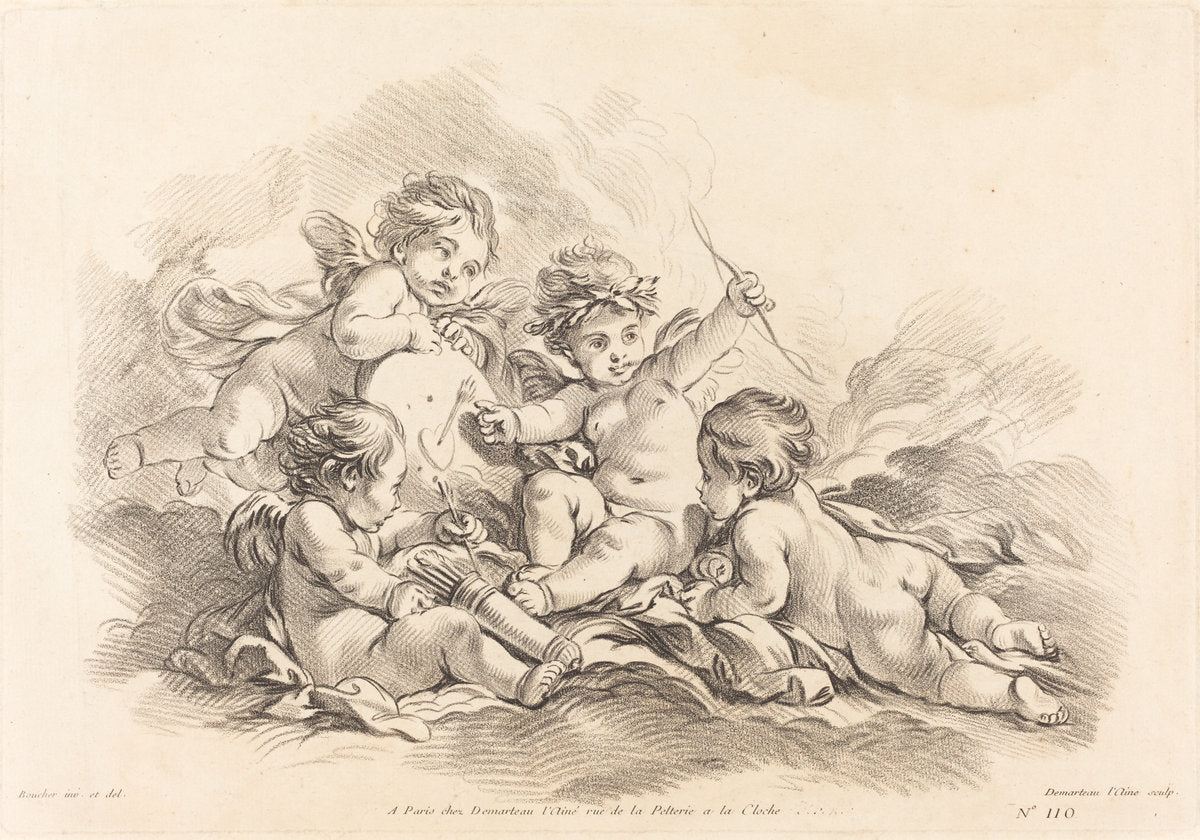 Four Cherubs at Target Practice by Gilles Demarteau, the Elder after François Boucher (French, 1722 - 1776), 16X12"(A3)Poster Print