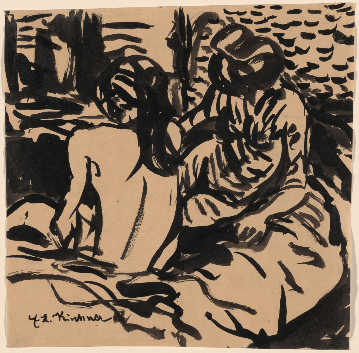 Two Nudes on a Bed (Isabella and a Younger Girl) by Ernst Ludwig Kirchner (German, 1880 - 1938), 16X12"(A3)Poster Print