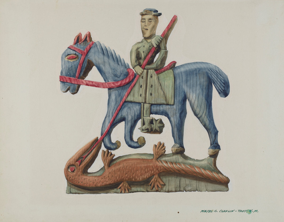 Saint George & the Dragon, Carved Out of Section of Plank - Painted by Majel G. Claflin (American, active c. 1935), 16X12"(A3)Poster Print