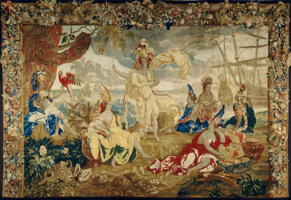 America by design by Lodewijck van Schoor; cartoon by Lodewijck van Schoor (figures) and Pieter Spierincx (background); woven in Brussels in an undetermined workshop (Flemish, 1666 - 1726), 16X12"(A3)Poster Print