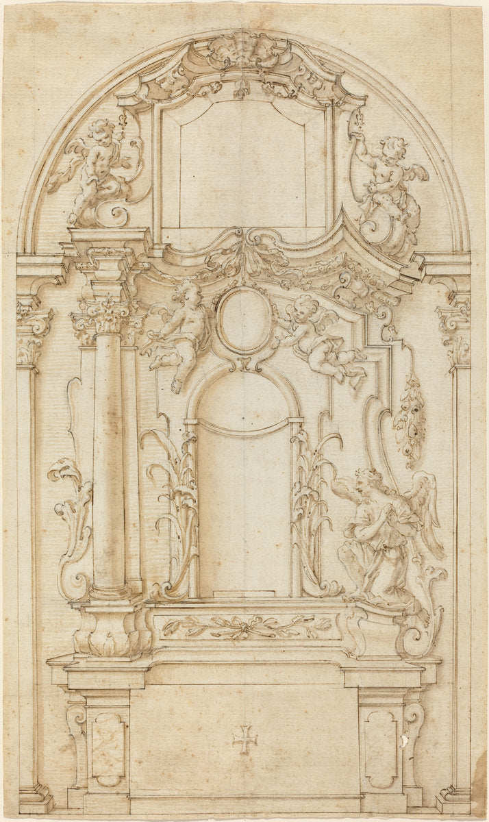 pen and brown ink with brown wash over graphite on laid paper by German 18th Century (Study for an Altar and a Reredos), 16X12"(A3)Poster Print