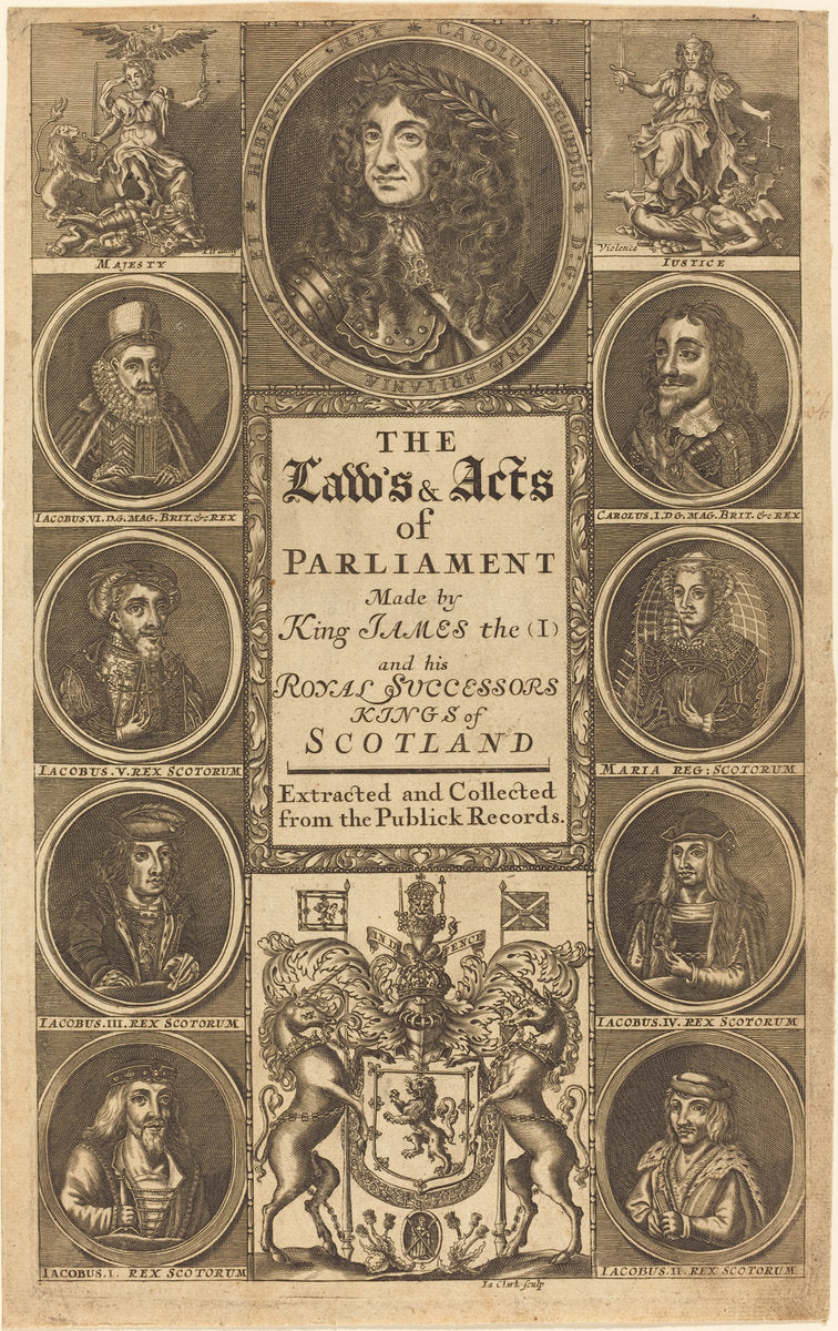 Frontispiece to "The Laws and Acts of Parliament Made by King James I ..." by James Clark (British, active 1710/1720), 16X12"(A3)Poster Print