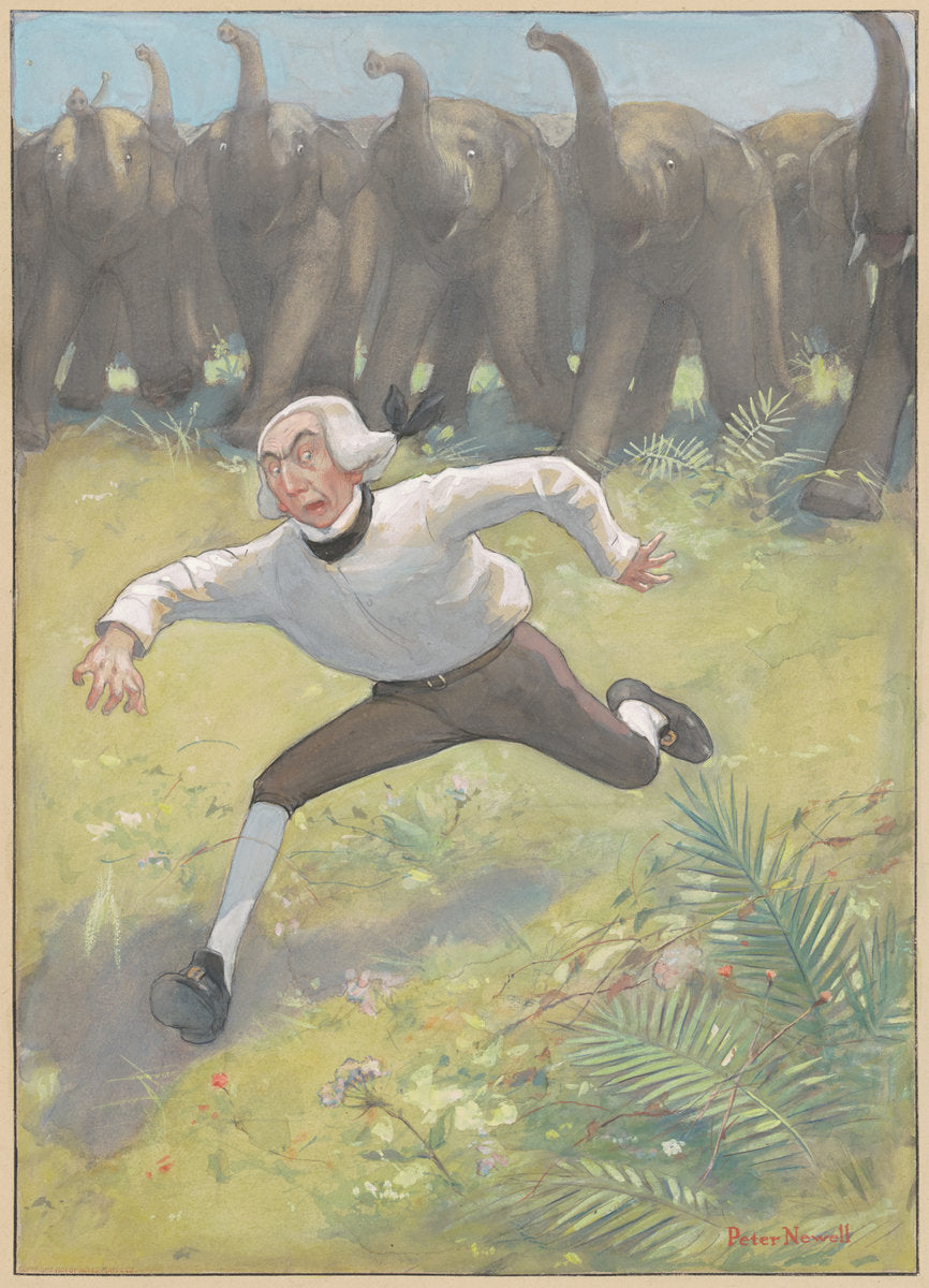 Man Running from Elephants by Peter Newell (American, 1862 - 1924), 16X12"(A3)Poster Print