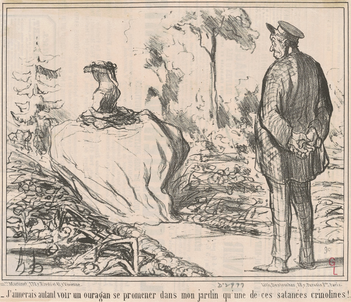 J'aimerais autant voir un ouragan se promener dans mon jardin qu'une de ces satanées crinolines! by Honoré Daumier (French, 1808 - 1879), 16X12"(A3)Poster Print