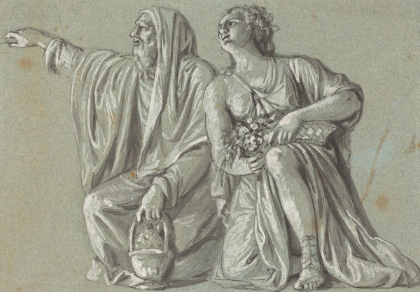 pen and black ink with black wash, heightened with white on blue-gray laid paper by Roman 18th Century (Two Kneeling Figures with Offerings), 16X12"(A3)Poster Print