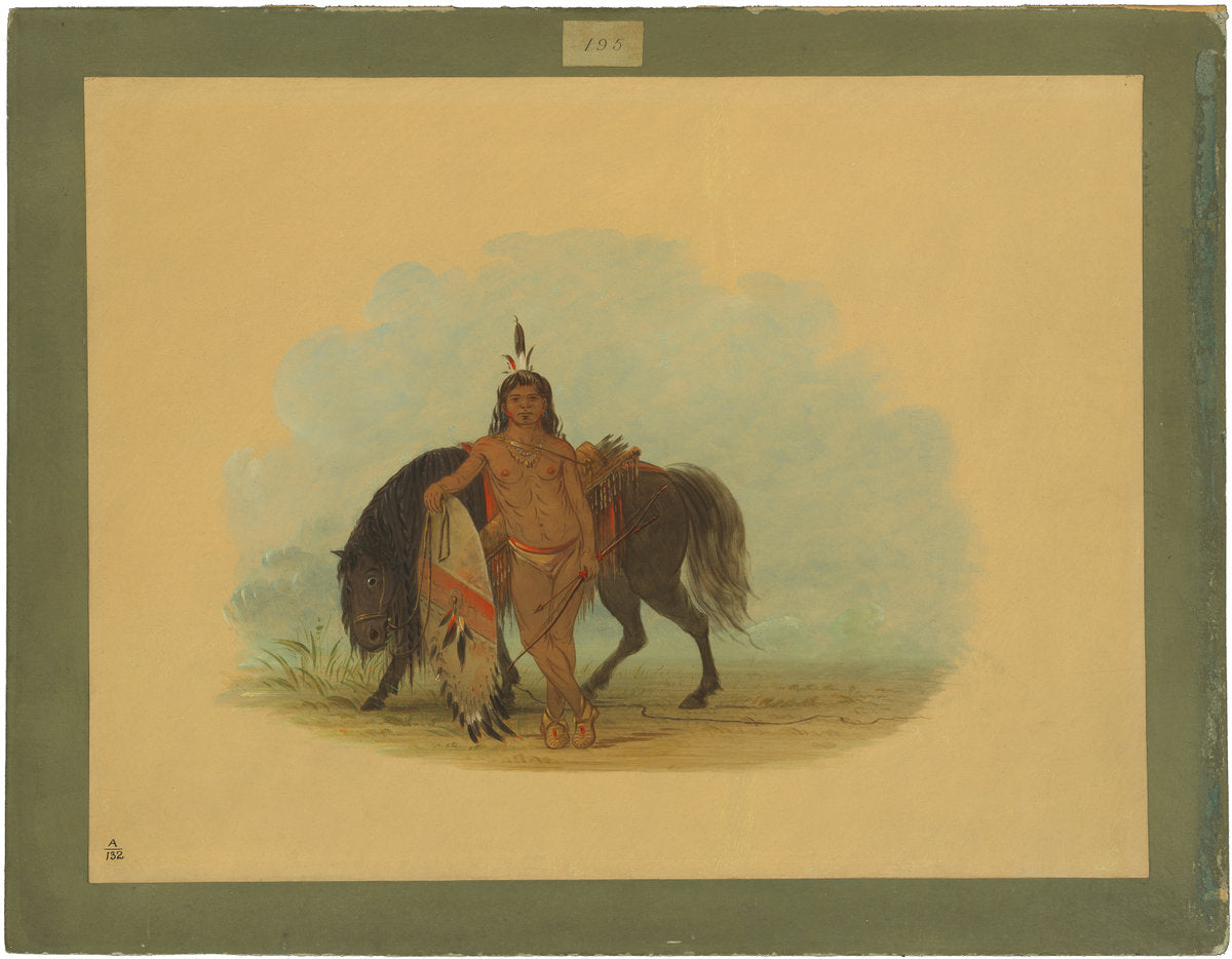 A Cheyenne Warrior Resting His Horse by George Catlin (American, 1796 - 1872), 16X12"(A3)Poster Print