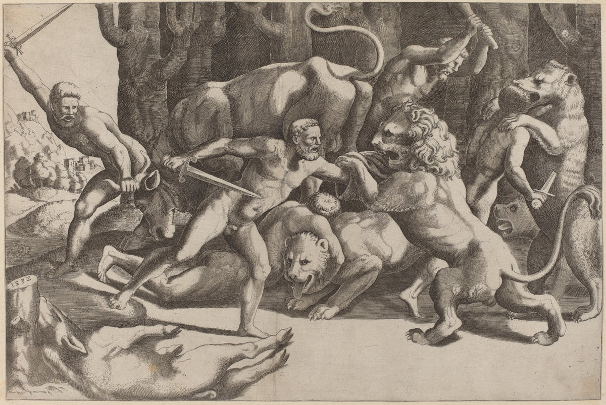 Five Men Fighting Beasts by Master of the Die after Giulio Romano (Italian, active c. 1532), 16X12"(A3)Poster Print