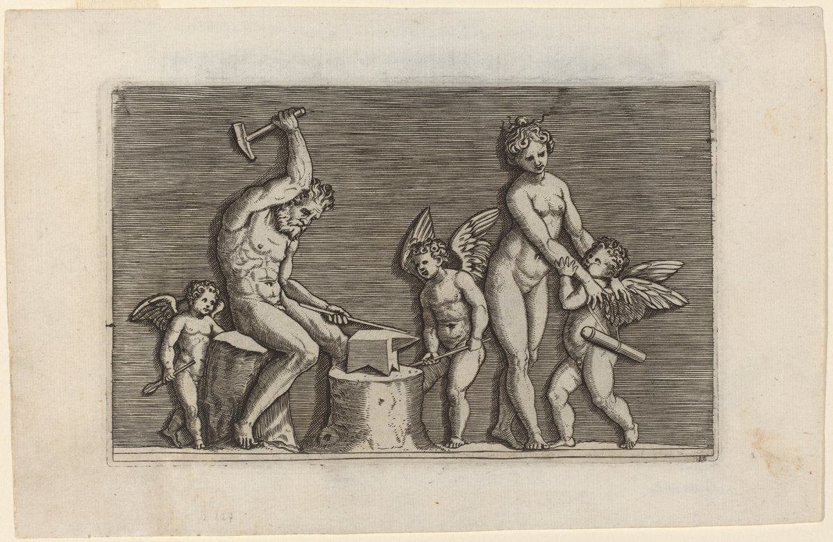Vulcan at the Forge by Marco Dente (Italian, c. 1493 - 1527), 16X12"(A3)Poster Print