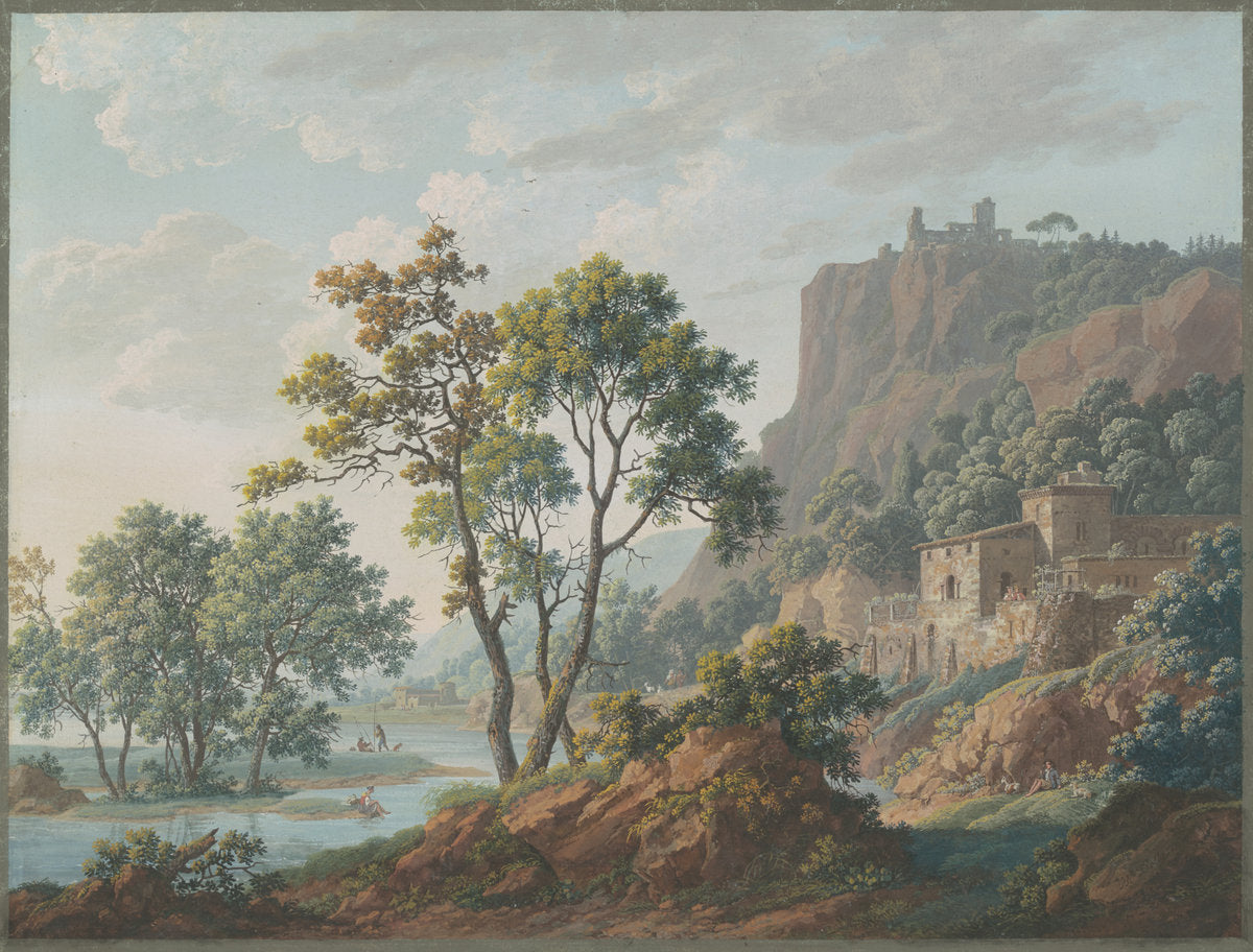 River Landscape with Castles and Fishermen by Baron Louis-Albert-Guillain Bacler d'Albe (French, 1761 - 1824), 16X12"(A3)Poster Print