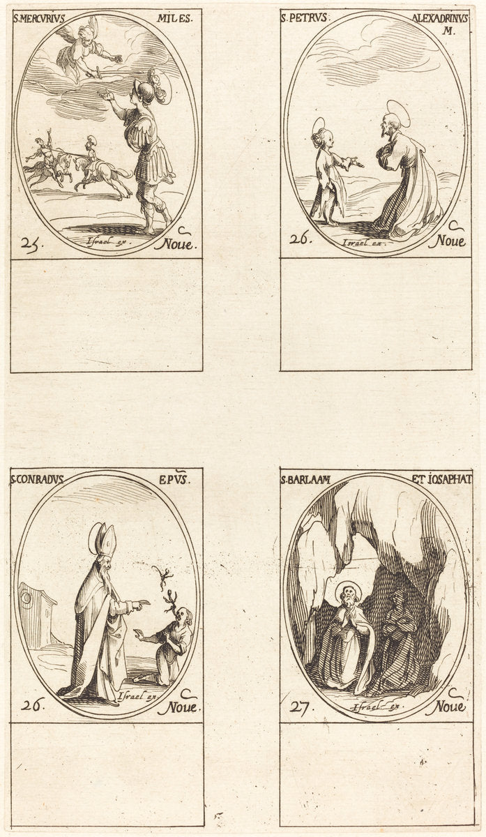 St. Mercury; St. Peter of Alexandria; St. Conrad; Sts. Barlaam and Josaphat by Jacques Callot (French, 1592 - 1635), 16X12"(A3)Poster Print