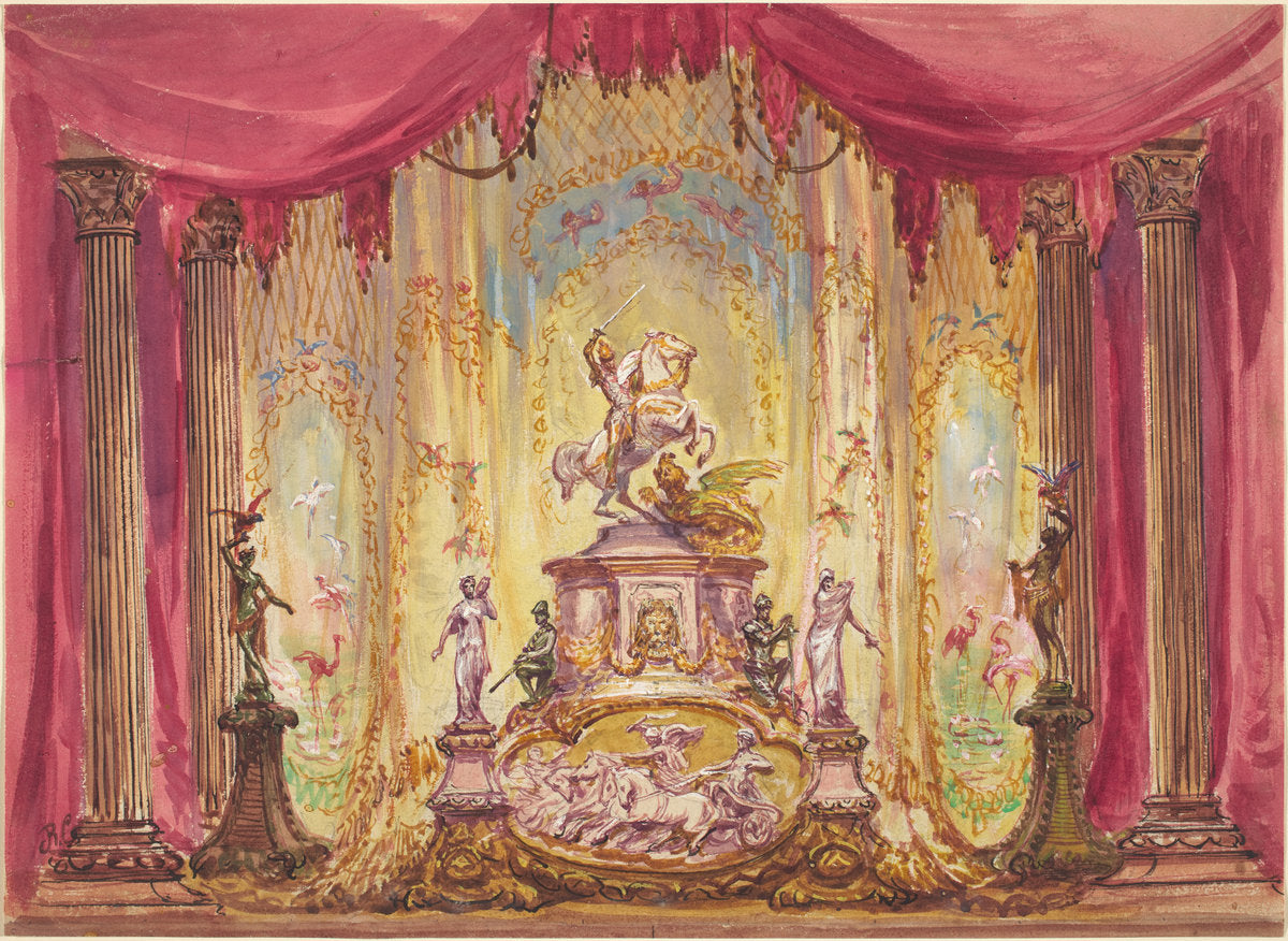 Stage Set With Statue Of St. George Slaying The Dragon by Robert Caney (British, 1847 - 1911), 16X12"(A3)Poster Print