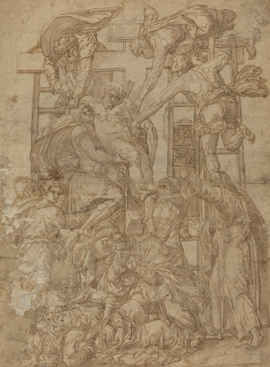 pen and brown ink with brown wash on laid paper by after Daniele Ricciarelli (Descent from the Cross), 16X12"(A3)Poster Print