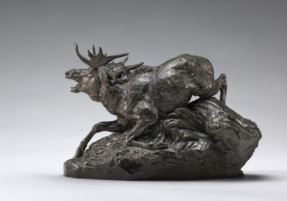 Elk Surprised by a Lynx by Antoine-Louis Barye (French, 1795 - 1875), 16X12"(A3)Poster Print