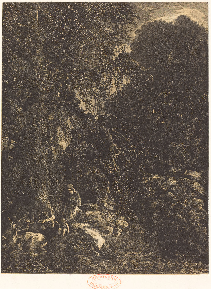 The Holy Family with the Does by Rodolphe Bresdin (French, 1822 - 1885), 16X12"(A3)Poster Print